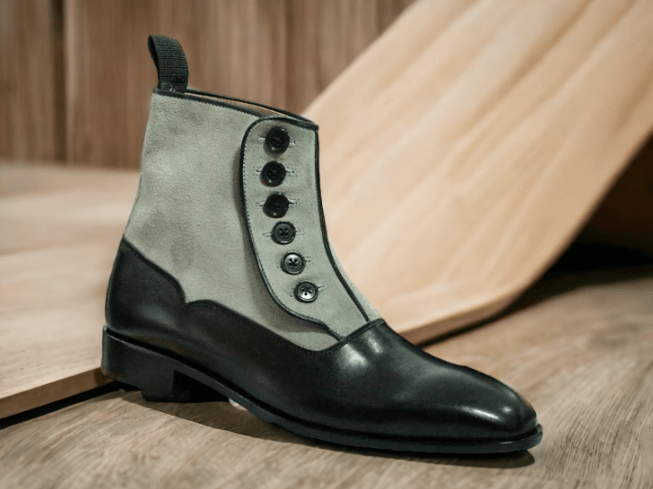 Men's Handmade Leather & Suede Button Top Boots, Bespoke Black Boots