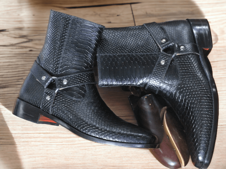 Handmade Ankle Black Leather Madrid Strap Boot, Men's Zipper Closure Python Skin Print Boot