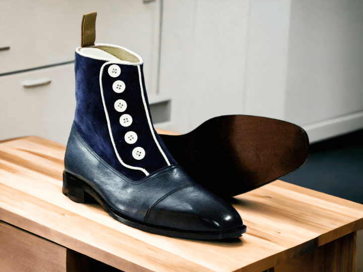 Handmade Leather & Suede Button Top Boots, Bespoke Navy Dress Formal Boots