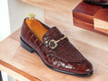 Bespoke Handmade Alligator Texture Leather Loafers, Black Round Toe Dress Formal Slip On Moccasins - Luxury Shelfs