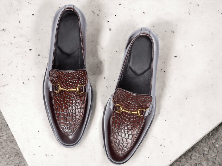 Handmade Alligator Print Loafers, Burgundy Buckle Slip On Shoes, Designer Stylish Moccasins