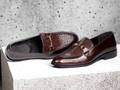 Handmade Alligator Print Loafers, Burgundy Buckle Slip On Shoes, Designer Stylish Moccasins