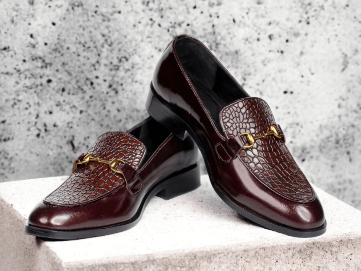 Handmade Alligator Print Loafers, Burgundy Buckle Slip On Shoes, Designer Stylish Moccasins