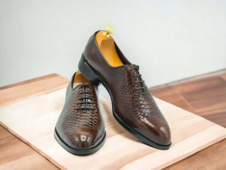 Python Print Leather Shoes, Brown Oxfords Elegant Retro Shoes For Men