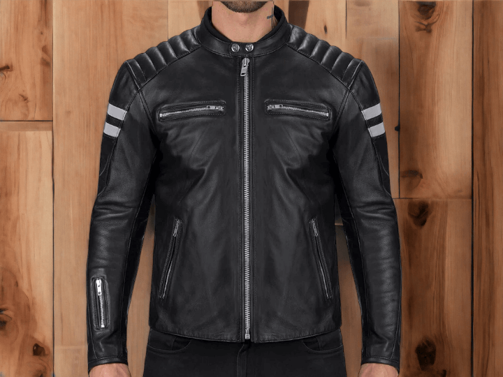 Men Black Jacket With White Strips Men Black Leather jacket