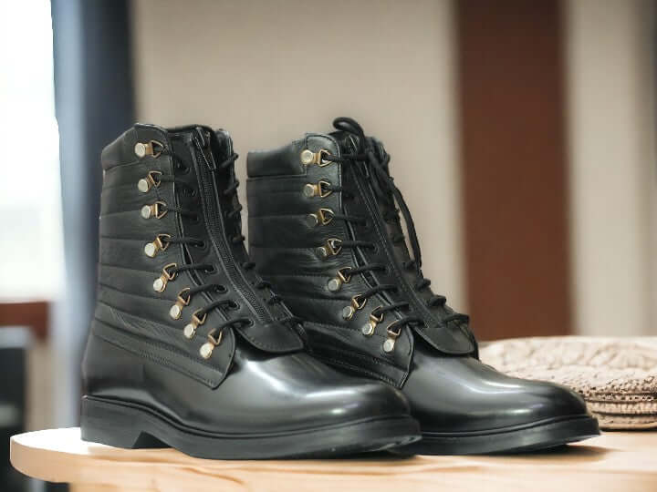 pMen's Black Leather Ankle Boots Army Boots, Stylish Retro Boots