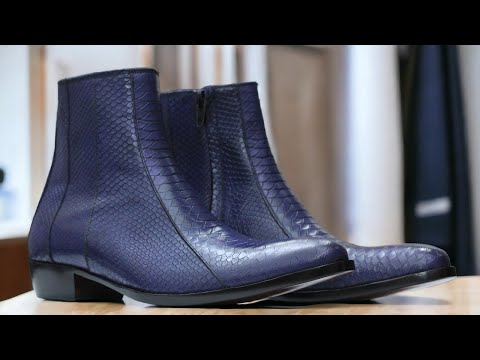 Our Bespoke Handmade Blue Colour Genuine Leather Boots,Python Texture Leather Boots are crafted from full-grain leather with a python-embossed texture, ensuring long-lasting quality and style. Our expert craftsmanship ensures enduring comfort and unparalleled durability.&nbsp;