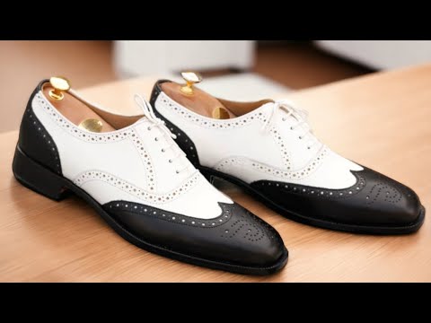 Men's Handmade Black And White Wing Tip Leather Lace Up Dress Shoes