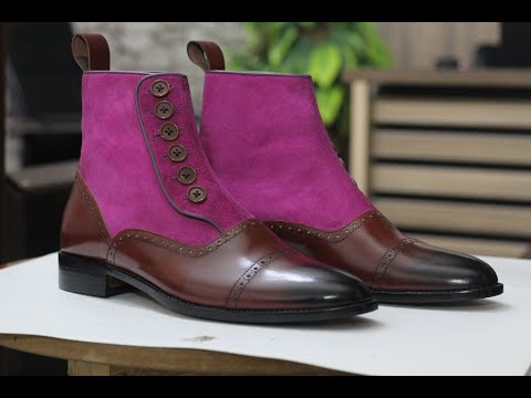 Handmade Men tow Tone Purple Brown Button Buckle Boots