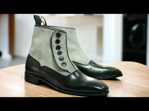 Men's Handmade Leather & Suede Button Top Boots, Bespoke Black Boots