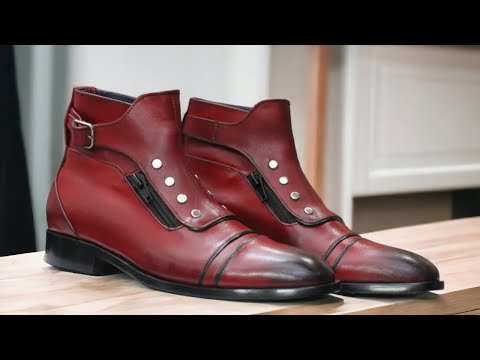 Ankle High Brown Side Zipper Buckle Leather Boot, Handmade Boot Men Burgundy Designer Boots