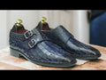 Blue Double Monk Alligator Shoes Buckle Strap Leather Shoes For Men  Step into sophistication with these blue alligator leather double monk shoes, boasting a stylish buckle strap design for men with discerning taste.