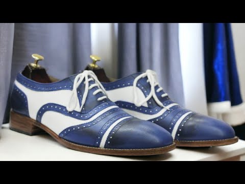 Men Leather Brogue, Blue White Oxfords Leather Shoes, Designer Cap Toe Shoe