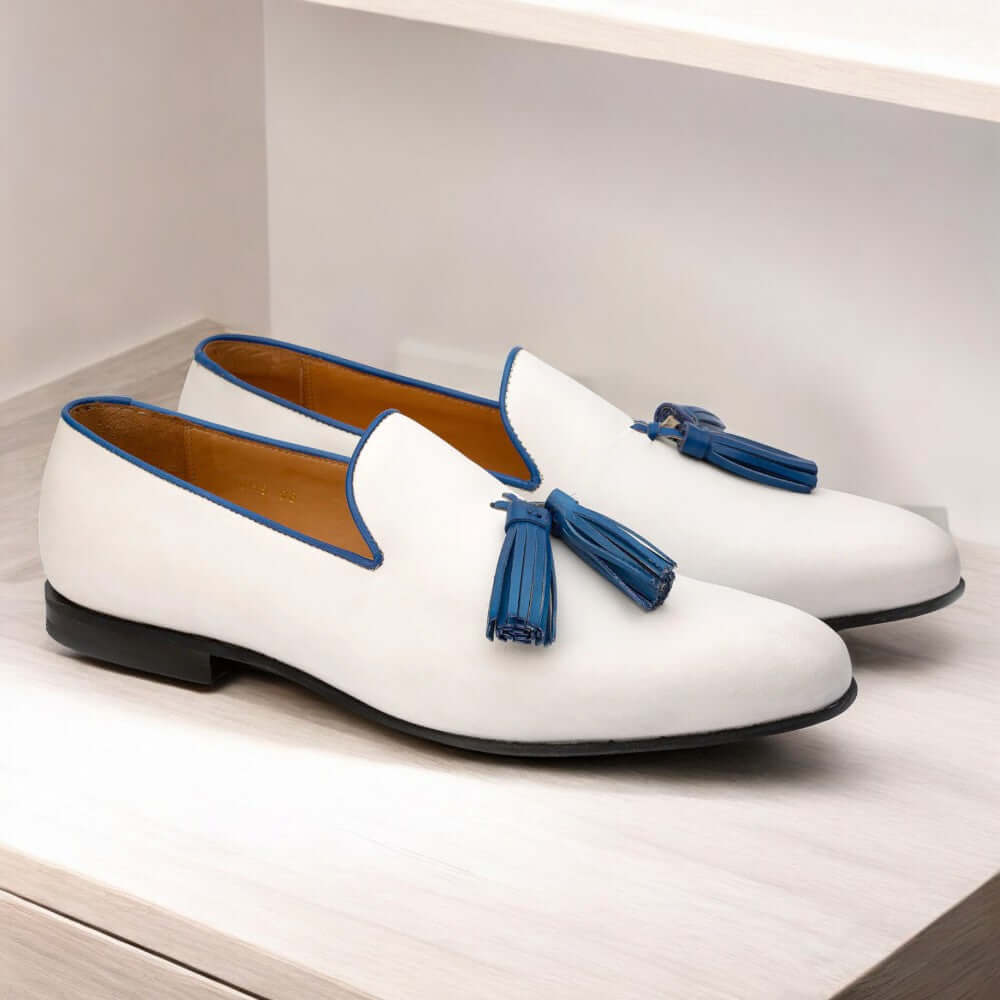 Men Handcrafted White tusele Loafer Shoes, Loafer Party Shoes