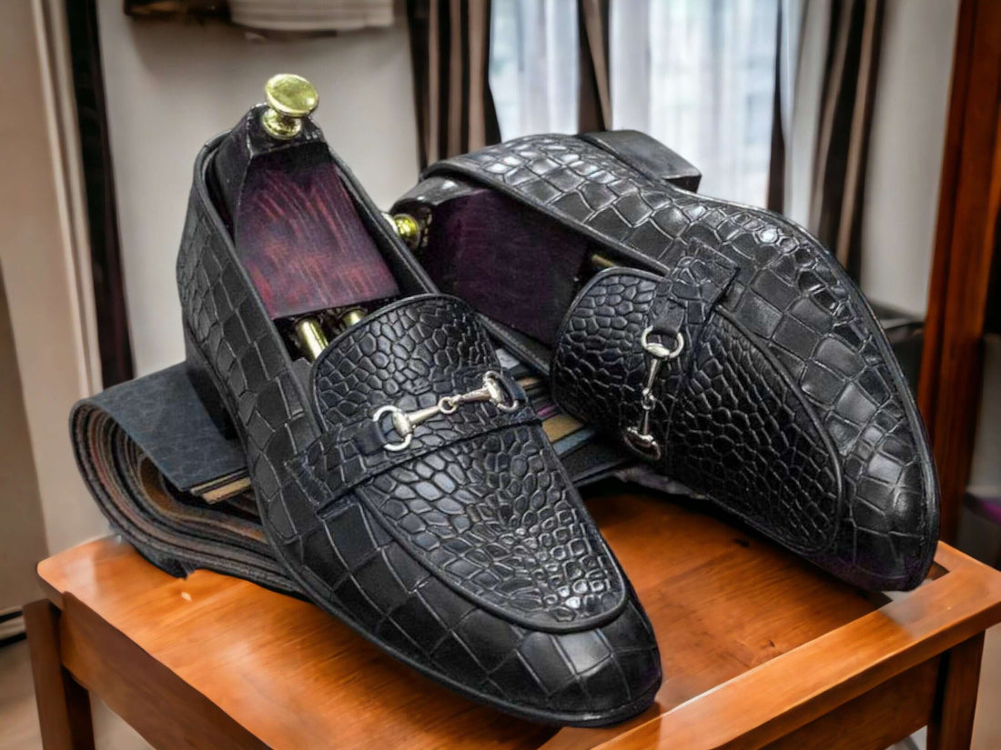 Bespoke Handmade Alligator Texture Leather Loafers, Black Round Toe Dress Formal Slip On Moccasins - Luxury Shelfs